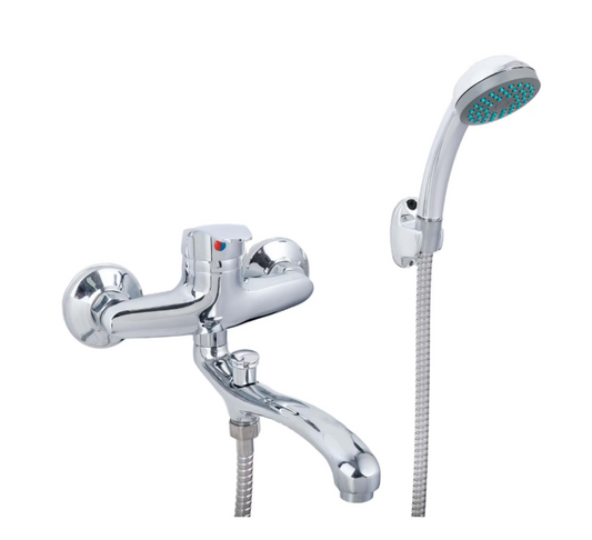Bateria wannowa chromowana błyszcząca - zestaw kompletny z obrotową wylewką 25 cm, baterią, wężem i mimośrodami w zestawie