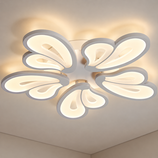 Żyrandol LED z pilotem BLOSSOM 95W, 5 płatków, światło zimne/ciepłe/neutralne 3000K/4000K/6000K, możliwość przyciemniania, biały, metal i akryl