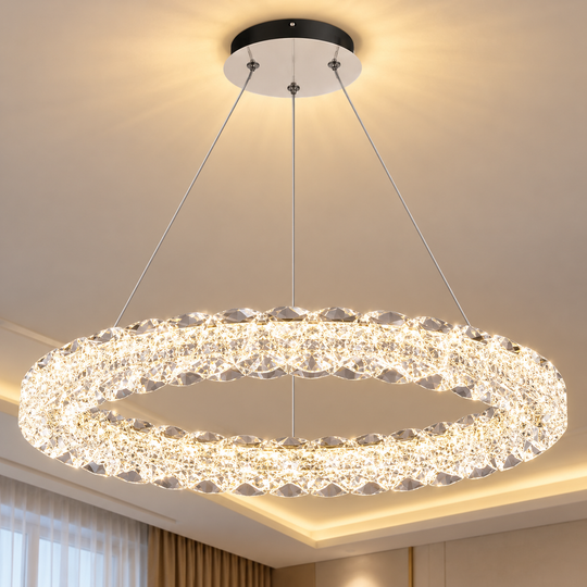 Kryształowy żyrandol LED VENTANA z pilotem, 25 W, światło ciepłe/neutralne/zimne, Φ39 cm, regulowana wysokość, metal i kryształ, złoty
