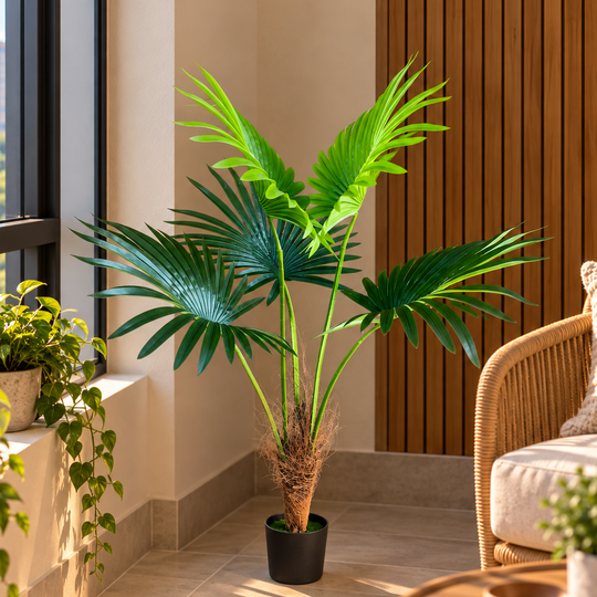 Sztuczna roślina Livistona Fan Palm, 5 liści, 120 cm, zielona