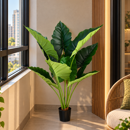 Sztuczna roślina typu Alocasia, 10 liści, 120 cm, zielona