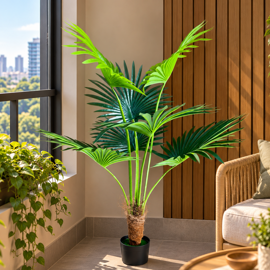 Sztuczna roślina Livistona Fan Palm, 7 liści, 140 cm, zielona