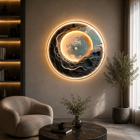 Tablou Decorativ cu Iluminare LED Planeta Albastra, Diametru 80 cm, 24W, Lumina Neutra, Aliaj de Aluminiu si MDF
