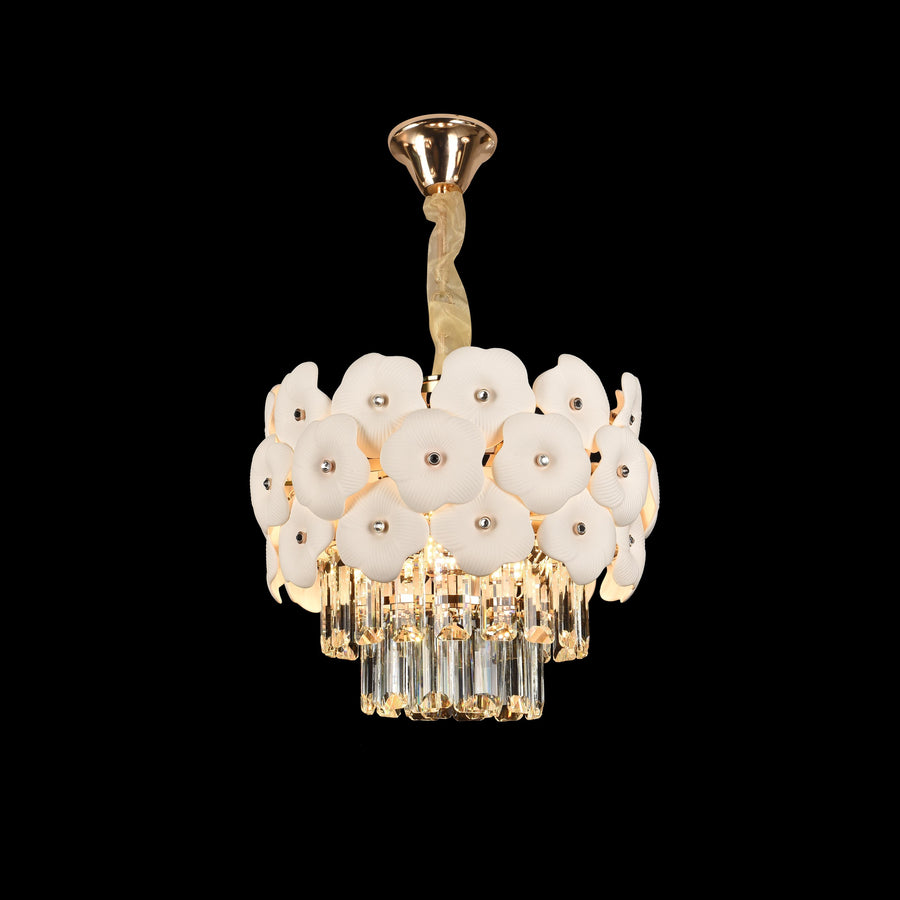 Candelabru Cristal PETAL Petito 3xE14, D30 cm, Auriu, Inaltime Reglabila, Metal si Cristal