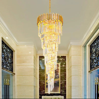 Żyrandol kryształowy CC110/600x1800GD, 28xE14, średnica 60cm, wysokość 180cm, błyszczące złoto, regulowana wysokość, elegancki design
