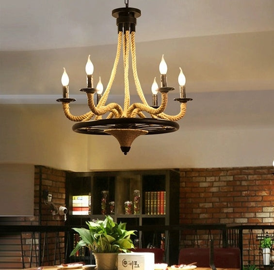 Żyrandol linowy, 2*E27, brązowy, metal i lina