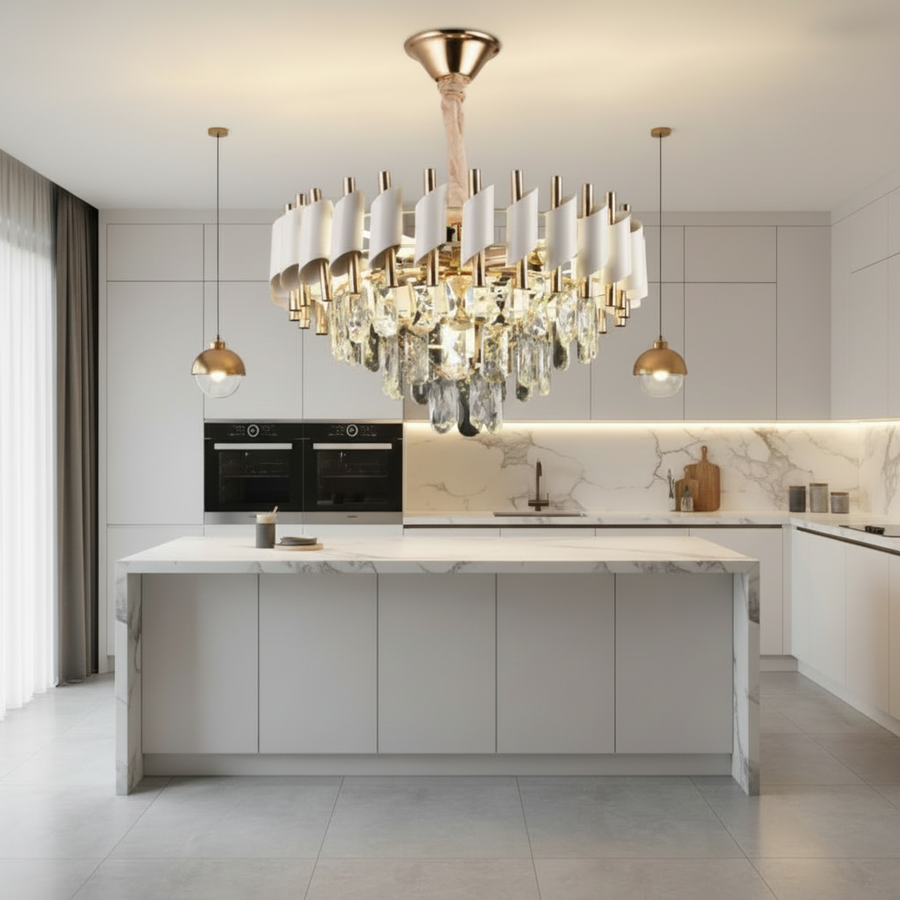 Candelabru Cristal VERSAILLES Nobile 5xE14, Diametru 40cm, Auriu Lucios si Alb Candelabre Cristal Default Title Alessandro Design