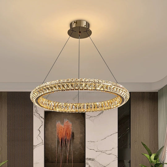 Żyrandol LED z pilotem, LLC132/500GD, kryształ i metal, 26W, 1 okrąg, możliwość przyciemniania, regulowana wysokość, światło chłodne/ciepłe/neutralne, luksusowe oświetlenie Żyrandole LED z pilotem Domyślny tytuł Alessandro Design