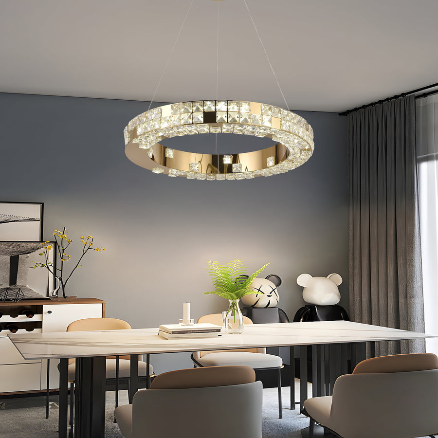 Żyrandol LED z pilotem, LLC135/1GD, kryształ i metal, 48W, 1 okrąg, możliwość przyciemniania, regulowana wysokość, światło zimne/ciepłe/neutralne, luksusowe oświetlenie