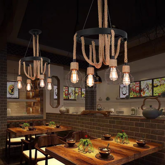 Żyrandol w kształcie koła, 3*E27, brązowy, metal i lina