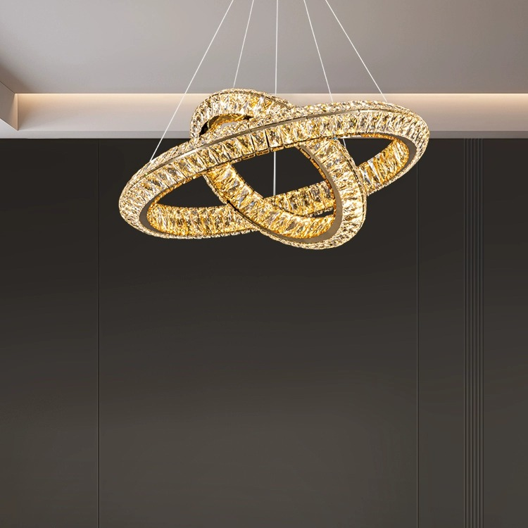 Żyrandol LED z pilotem, LLC132/300+500GD, kryształ i metal, 48W, 2 koła, możliwość przyciemniania, regulowana wysokość, światło zimne/ciepłe/neutralne 3000K/4000K/6000K, luksusowe oświetlenie,