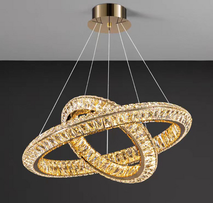 Żyrandol LED z pilotem, LLC132/300+500GD, kryształ i metal, 48W, 2 koła, możliwość przyciemniania, regulowana wysokość, światło zimne/ciepłe/neutralne 3000K/4000K/6000K, luksusowe oświetlenie,