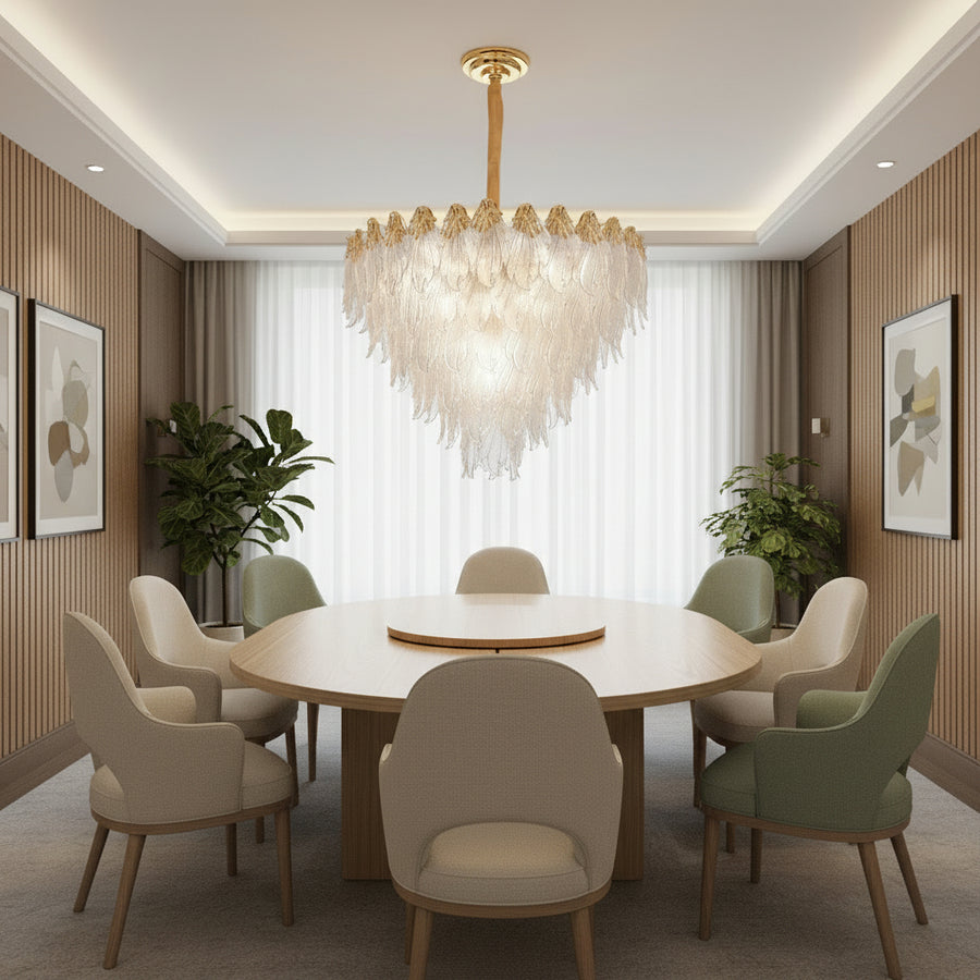 Candelabru Cristal MURANO Magno 12xE14, D60 cm, Auriu, Inaltime Reglabila, Metal si Cristal
