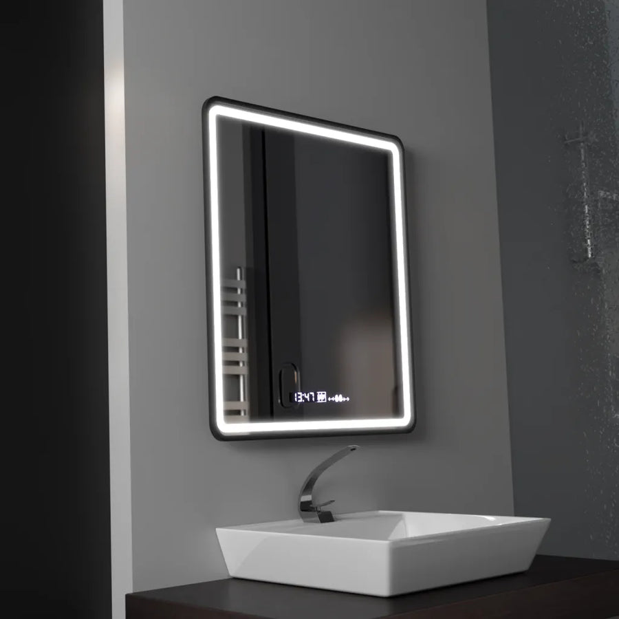 Favola Touch LED Mirror Defog System Czarna rama Zegar i temperatura 75x90 cm Kolekcja Marcello Funghi 
