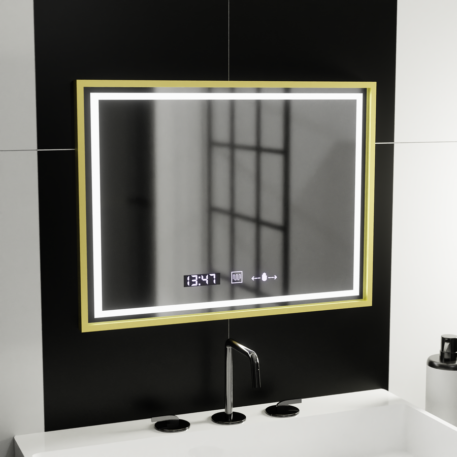 Prostokątne lustro LED, 80x60 cm, Verite Royale Gold MotionGlow Marcello, system przeciwmgielny, zegar i termometr, ściemnialne