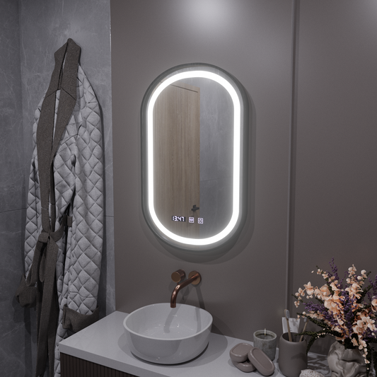 Helmut LED Touch System odmgławiania lusterek, zegar i temperatura 50x90 cm Czarna ramka szczotkowana Marcello Funghi