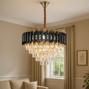 Żyrandol kryształowy VERSAILLES Eleganza 7x E14, średnica 49 cm, błyszczące złoto i czerń, regulowana wysokość 