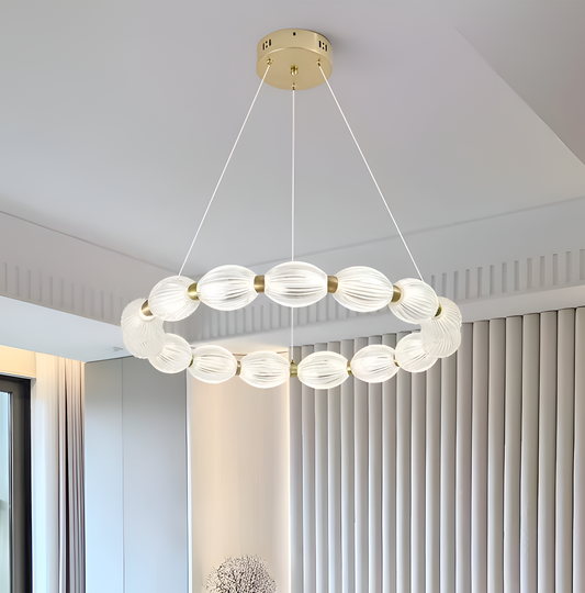 LED żyrandol zawieszony z pilotem Fausto II, 43 W, zimno/gorące/neutralne światło, niestabilna, regulowana wysokość, złoto