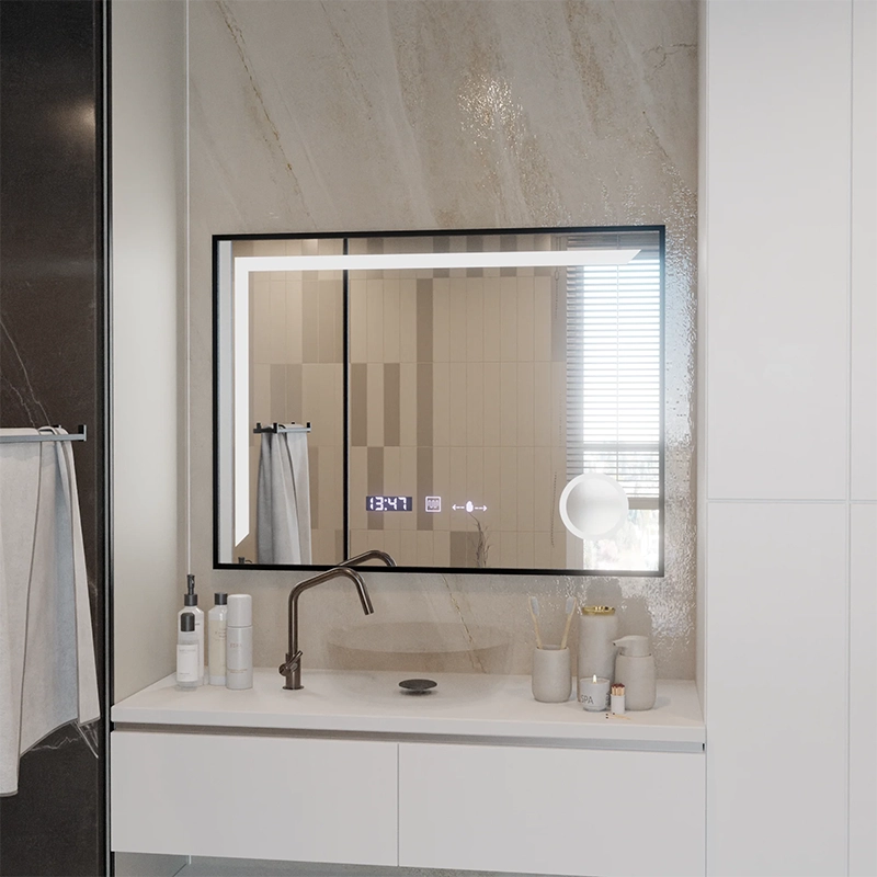 Lustro LED Czujnik MotionGlow Francesca 80x60 cm Światło ciepłe/zimne/neutralne Możliwość przyciemniania Rama Czarny szczotkowany System usuwania zamglenia Termometr Zegar Kolekcja Marcello Funghi
