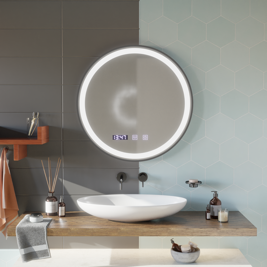 Lustro dotykowe LED NOVARA System odmgławiania, zegar i temperatura 90 cm Czarna rama Lustra szczotkowane Korman S Domyślny tytuł Alessandro Design
