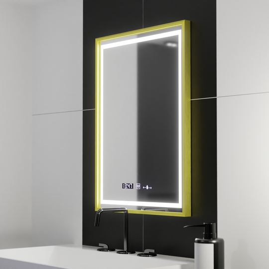 Prostokątne lustro LED, 50x70 cm, Verite Royale Gold Motion Glow Marcello, system przeciwmgielny, zegar i termometr, przyciemniane lustra Marcello Domyślny tytuł Alessandro Design