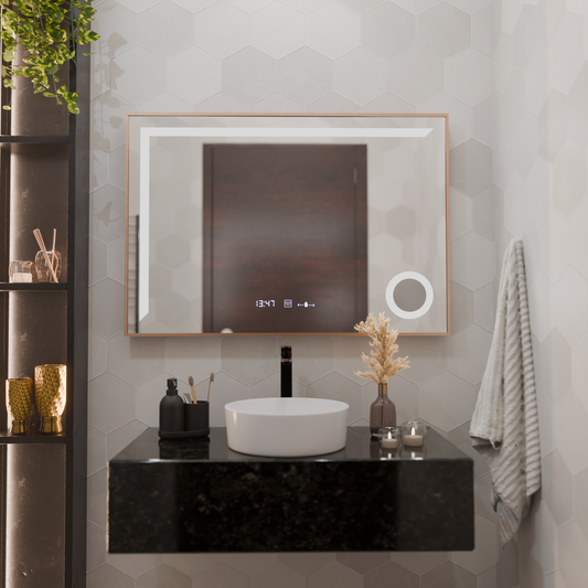 Lustro z czujnikiem ruchu LED Sofia z funkcją odmgławiania, termometr, zegar, 110x65 cm, ściemnialne, ciepłe/zimne/neutralne światło, szczotkowana rama w kolorze różowego złota, kolekcja Marcello Funghi