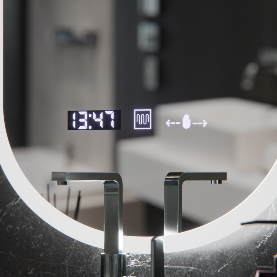 Owalne LED lusterka, 50x80 cm, czujnik Lucia Marcello, system rozmrażania, zegar i termometr, Dokryty