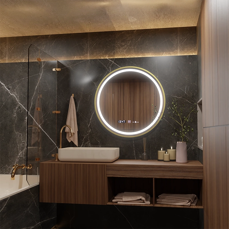 Okrągłe lustro LED, 60 cm, Celeste Royale Gold MotionGlow Marcello, system przeciwmgielny, zegar i termometr, ściemnialne 