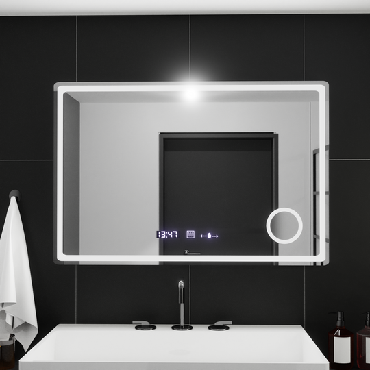 Prostokątne lustro LED, 90x60 cm, welurowy MotionGlow Marcello, system przeciwmgielny, zegar i termometr, lupa kosmetyczna, przyciemniane lustra Marcello Domyślny tytuł Alessandro Design