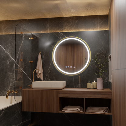 Okrągłe lustro LED 70 cm Celeste Royale Gold MotionGlow Marcello Defog System Zegar i termometr Ściemnialny 