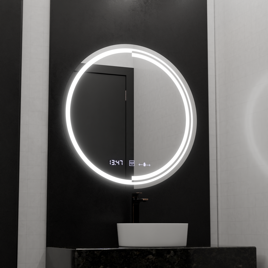 Okrągłe lustro LED 60 cm Czujnik ruchu Glow Consuel Marcello System przeciwmgielny Zegar i termometr Ściemnialny 