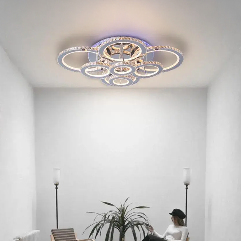 Żyrandol LED z pilotem i kryształem LIA RGB 182 W, 8 okręgów, zimne/ciepłe/neutralne światło, ściemnialny, błyszczący chrom biały