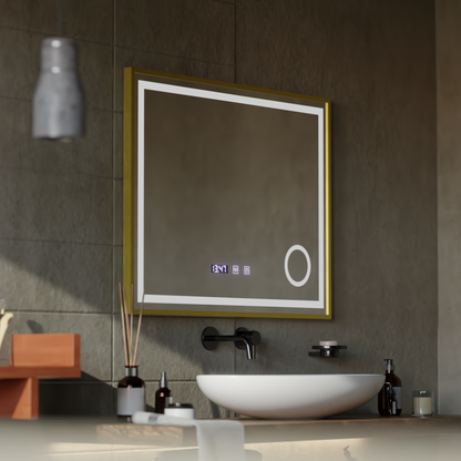 Rolf Touch LED Mirror Defog System, zegar i temperatura 80x60 cm szczotkowana złota rama lupa kosmetyczna