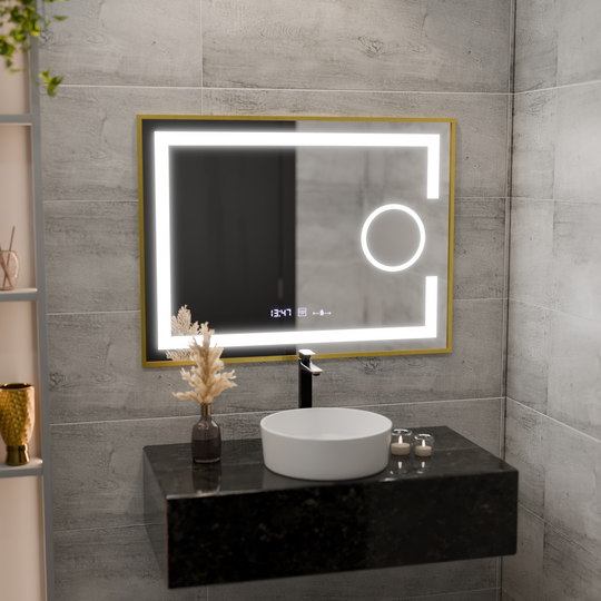 Prostokątne lustro LED, 80x60 cm, Eclat MotionGlow Marcello, system przeciwmgielny, zegar i termometr, lupa kosmetyczna, możliwość przyciemniania, ramka ze szczotkowanego złota Lustra Marcello Domyślny tytuł Alessandro Design