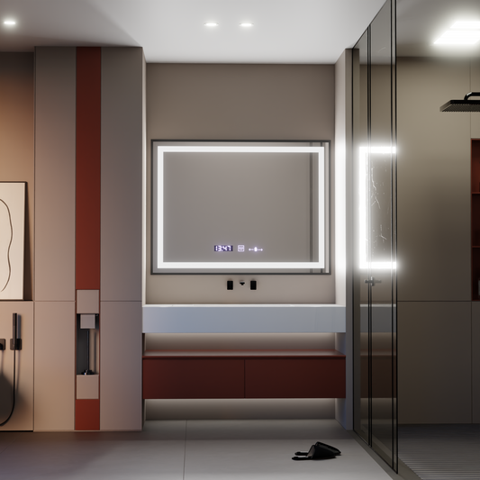 Prostokątne lustro LED 80x60cm Verite Majeste Noir Motion Glow Marcello Defog System Zegar i termometr Ściemnialny 