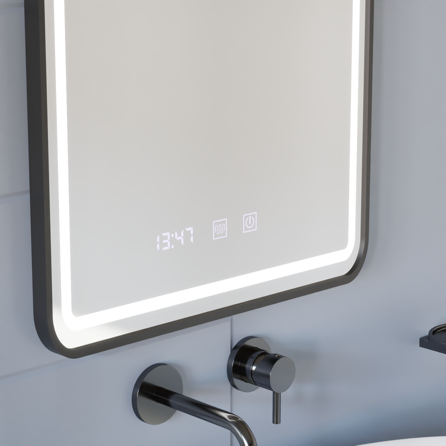 Lustro LED Gerhard Touch z systemem przeciwmgielnym, zegarem i temperaturą 60x80 cm, szczotkowana czarna rama