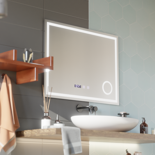 Lustro dotykowe LED Gunter System przeciwmgielny, zegar i temperatura 80x60 cm Lupa kosmetyczna