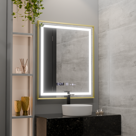 Prostokątne lustro LED 75x90cm Verite Royale Gold MotionGlow Marcello Defog System Zegar i termometr Ściemnialny 