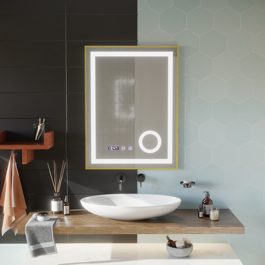 Lustro LED Stefan Touch z systemem przeciwmgielnym, zegarem i temperaturą 60x80 cm, szczotkowana złota rama, lupa kosmetyczna