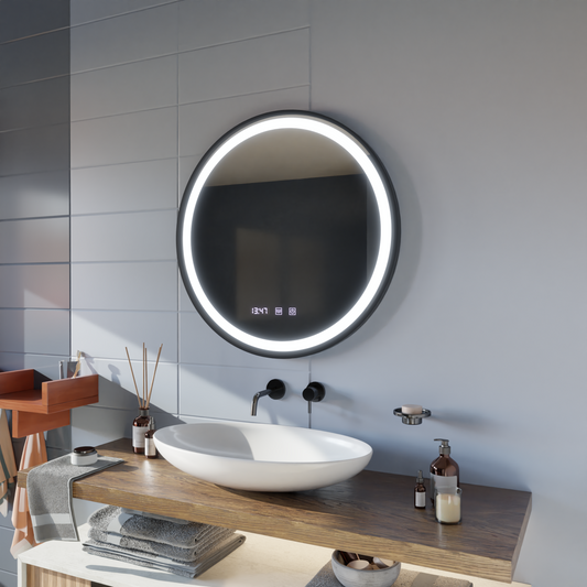 Lustro LED Hans Touch z systemem przeciwmgielnym, zegarem i temperaturą 60 cm, szczotkowana czarna rama