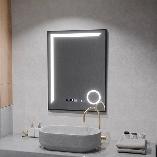 Lustro LED Czujnik MotionGlow Francesca 60x80 cm Ciepłe/zimne/neutralne światło Możliwość przyciemniania Czarna ramka Szczotkowany system odmgławiania Termometr Zegar Kolekcja Marcello Funghi