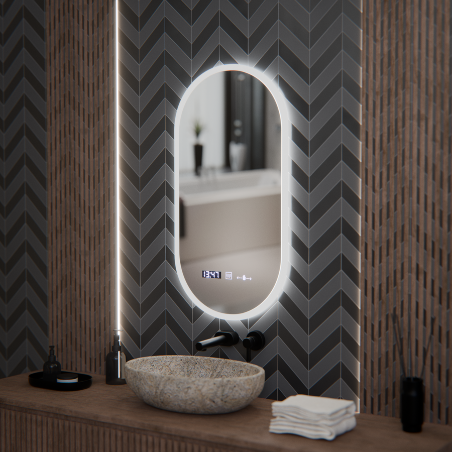 Owalne LED lusterka, 50 x 100 cm, czujnik Lucia Marcello, system rozmrażania, zegar i termometr, Dokryty