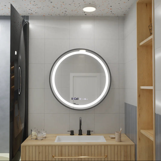 Okrągłe lustro LED, 60 cm, Celeste Majeste Noir Eleve MotionGlow Marcello, system przeciwmgielny, zegar i termometr, ściemnialne