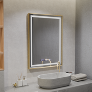 Prostokątne lustro LED, 60x80 cm, Verite Royale Gold MotionGlow Marcello, system przeciwmgielny, zegar i termometr, ściemnialne