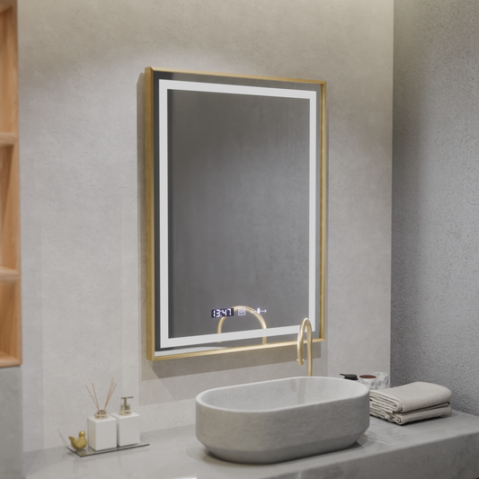 Prostokątne lustro LED, 60x80 cm, Verite Royale Gold MotionGlow Marcello, system przeciwmgielny, zegar i termometr, ściemnialne