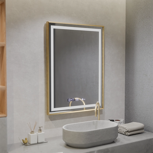 Prostokątne lustro LED, 60x80 cm, Verite Royale Gold MotionGlow Marcello, system przeciwmgielny, zegar i termometr, ściemnialne