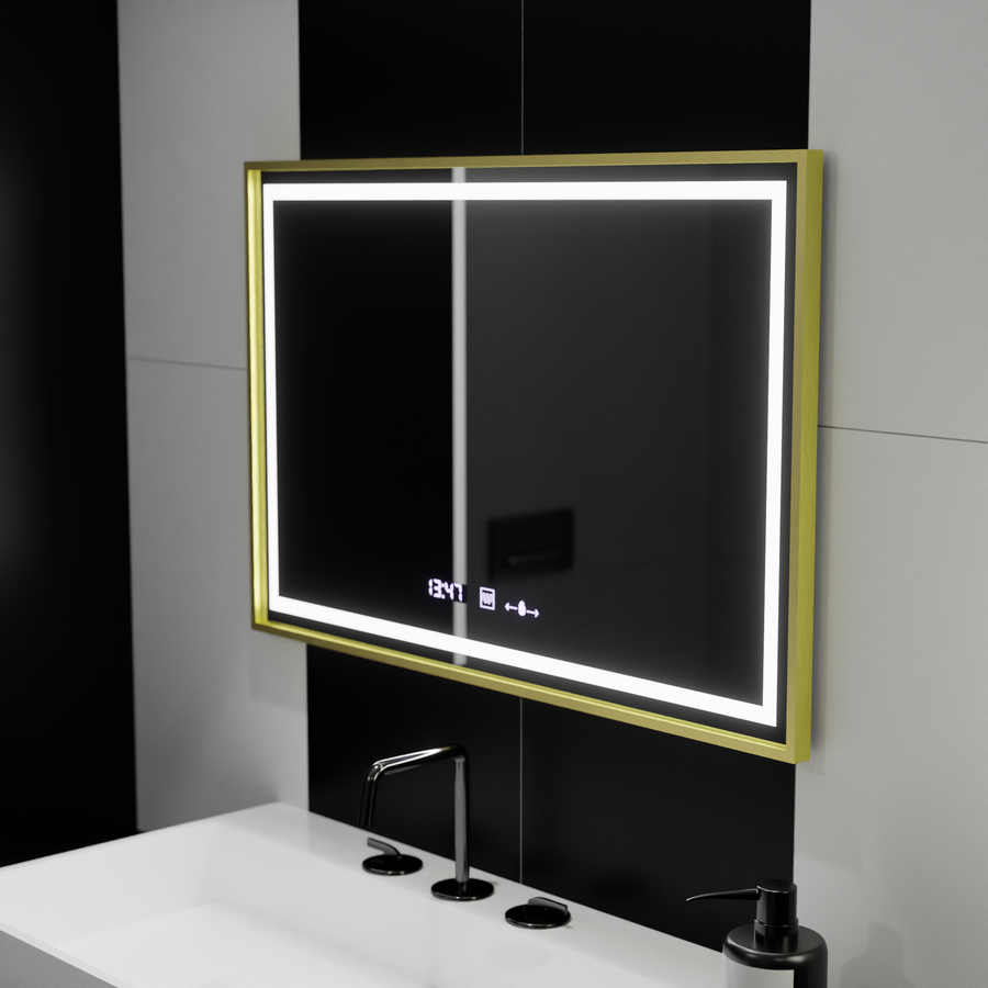 Prostokątne lustro LED 100x65cm Verite Royale Gold Motion Glow Marcello Defog System Zegar i termometr Ściemnialny 