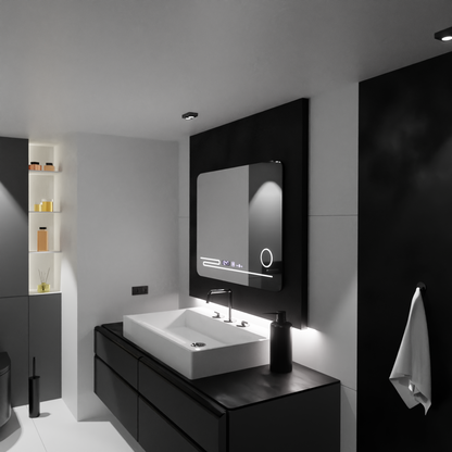 Prostokątne lustro LED 80x60cm Fortaleza MotionGlow Marcello Defog System Termometr i zegar Ściemnialna lupa kosmetyczna 