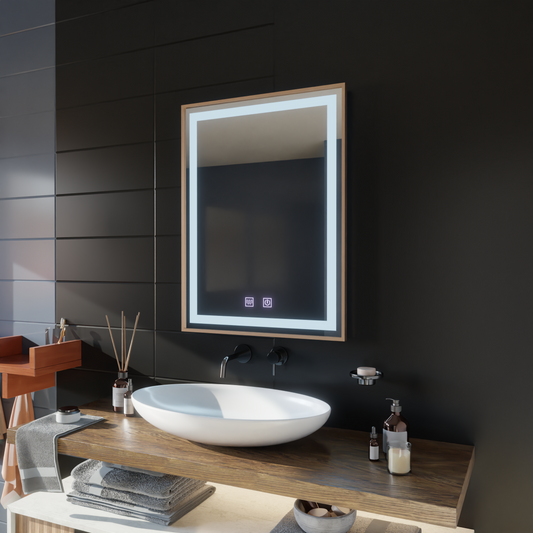 Lustro Kariri Touch LED, 60x80 cm, funkcja Defro, rama w kolorze różowego złota szczotkowanego