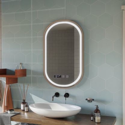 Lustro Konrad Touch LED z systemem przeciwmgielnym, zegarem i temperaturą 50x80 cm Rama w kolorze szczotkowanego złota